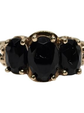 Black ONIX Three-Stone 10K Solid Yellow Gold Ring - Women Jewelry